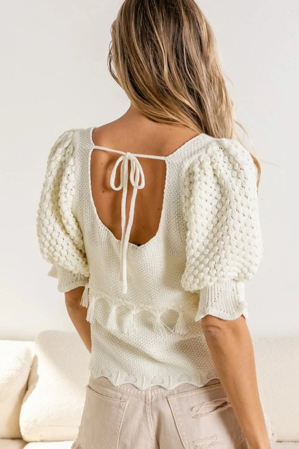 BiBi Tassel Detail Textured Square Neck Sweater - Love Salve